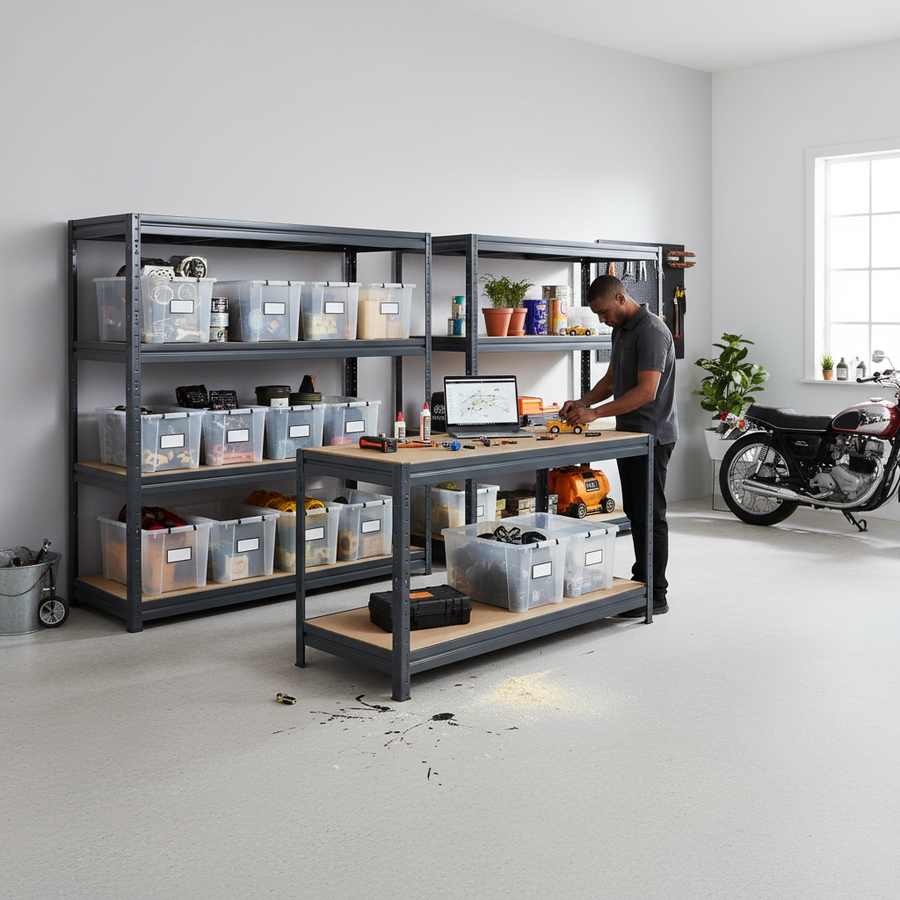 2x Heavy Duty Industrial Shelving - 1770mm High & 1x Professional Workbench - 1600mm Wide - Grey - Front view