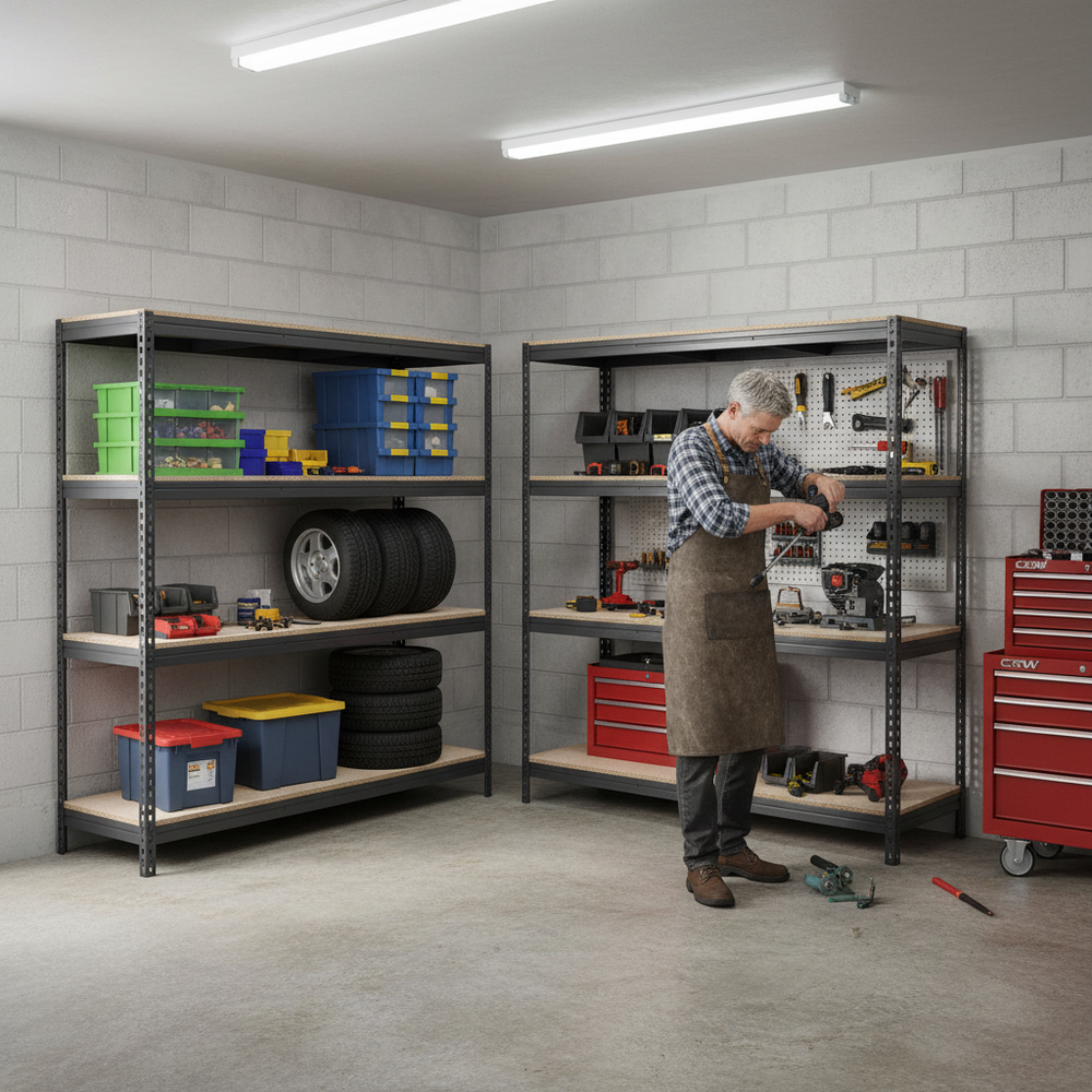Premium Industrial Shelving & Workbench Bundle - 1800mm High & 1600mm Wide - Grey - Side view