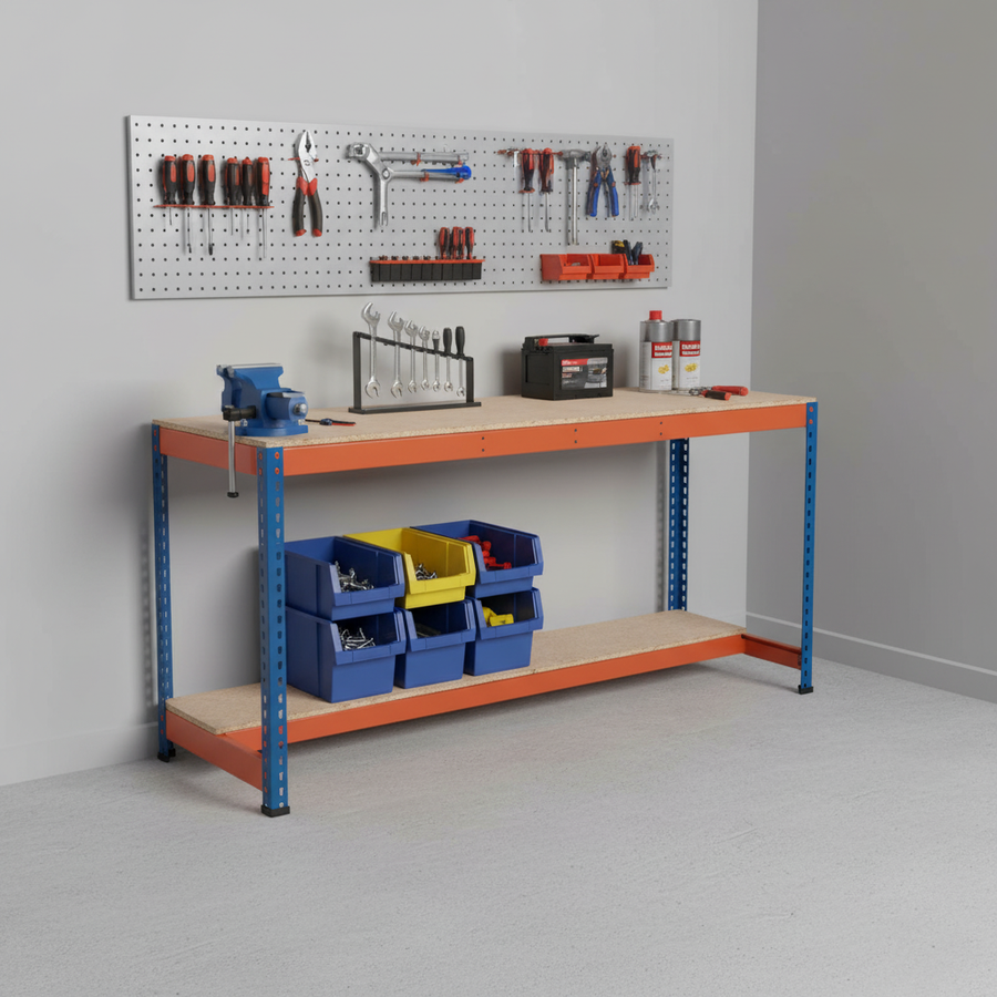 Premium Workbench - Lower Half Shelf - 915mm High - 400kg - Chipboard - Blue/Orange - Pack of 2 - Front view