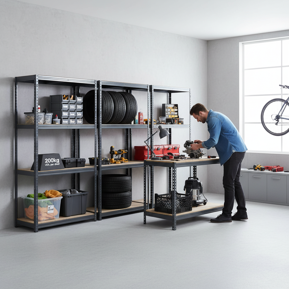3x Heavy Duty Shelving Units - 1600mm High & 1x Workbench - 1200mm Wide - Grey - Side view