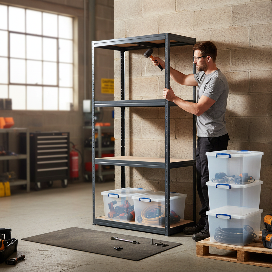 Premium Shelving Unit - 1600mm High - Grey with 8x 33.5L Storage Boxes - Front view