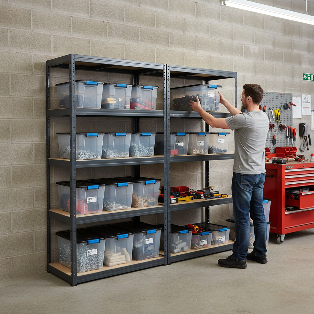 Premium Shelving Units with 12x 24L Storage Boxes - 1800mm High - Grey - Side view