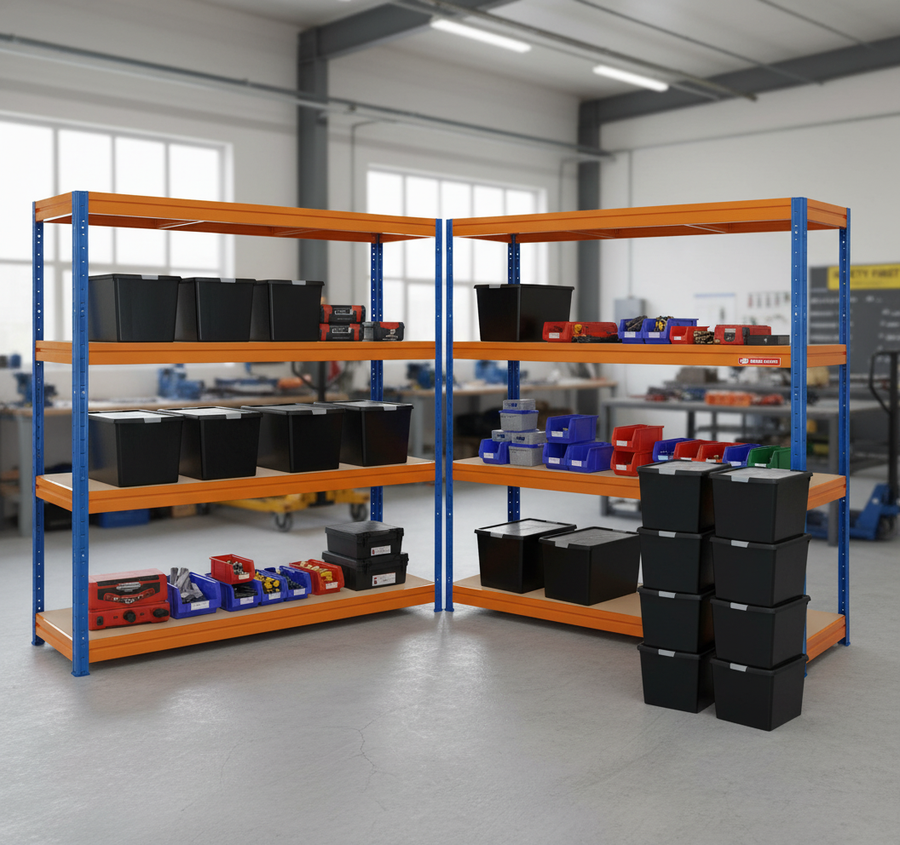 2x Heavy Duty Shelving - 1770mm High - Blue & Orange with 8x 37L Storage Boxes - Front view