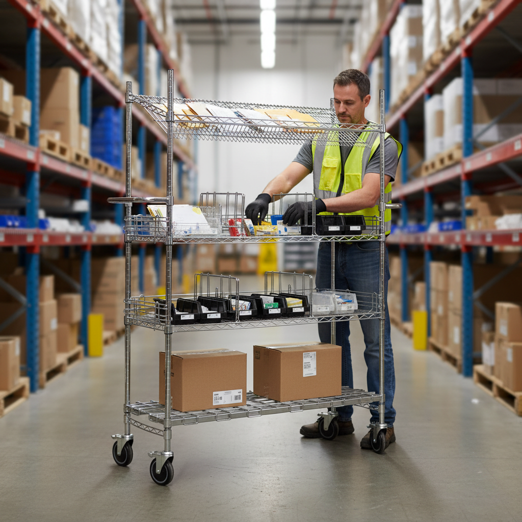 Professional Wire Picking Cart with Top Sloping Shelf - 4 Levels - Front view