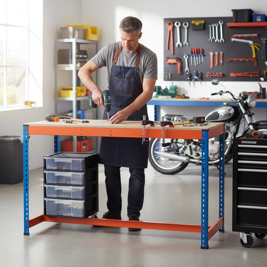Premium T-Bar Workbench - 915mm High - 800kg Capacity - Chipboard - Blue/Orange - Front view