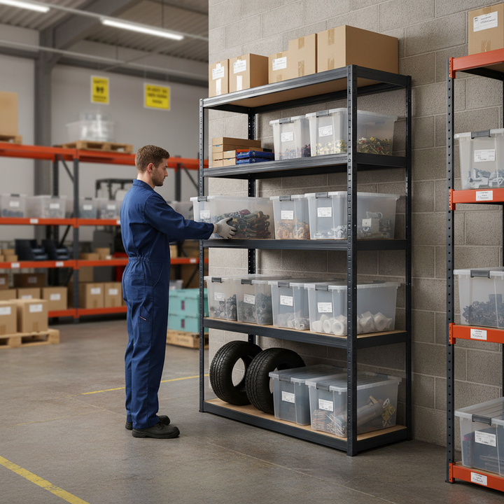 Premium Industrial Shelving Unit with 10x 37L Plastic Storage Boxes - Side view