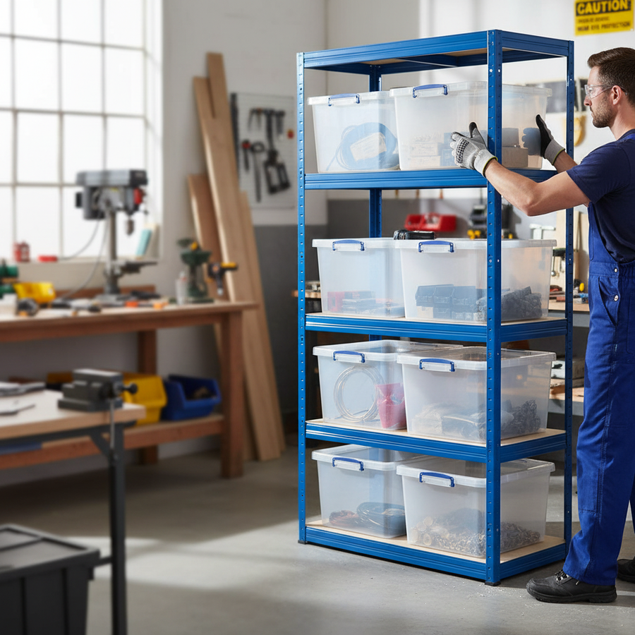 Premium Shelving Unit - 2130mm High - Blue with 8x 33.5L Storage Boxes - Front view