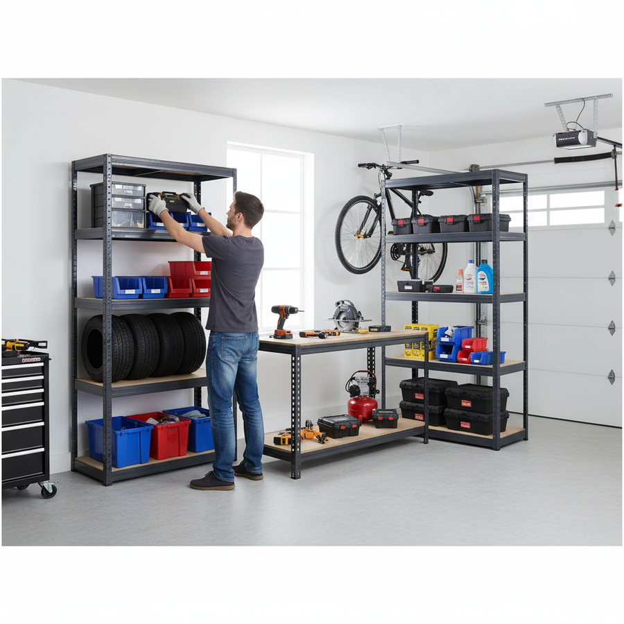 Premium Shelving Units & Workbench Set - 1800mm High & 1600mm Wide - Grey - Front view