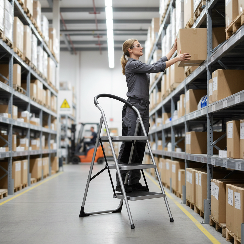 Premium Folding Step Ladder - 3 Tread with Rubber Handle - Side view