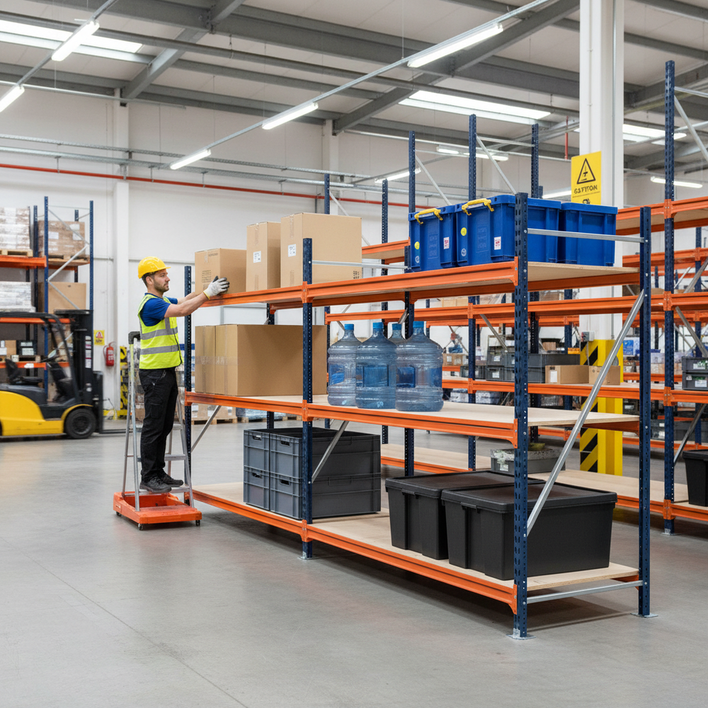 2x Heavy Duty Longspan Shelving - 3000mm High - Blue & Orange - Side view