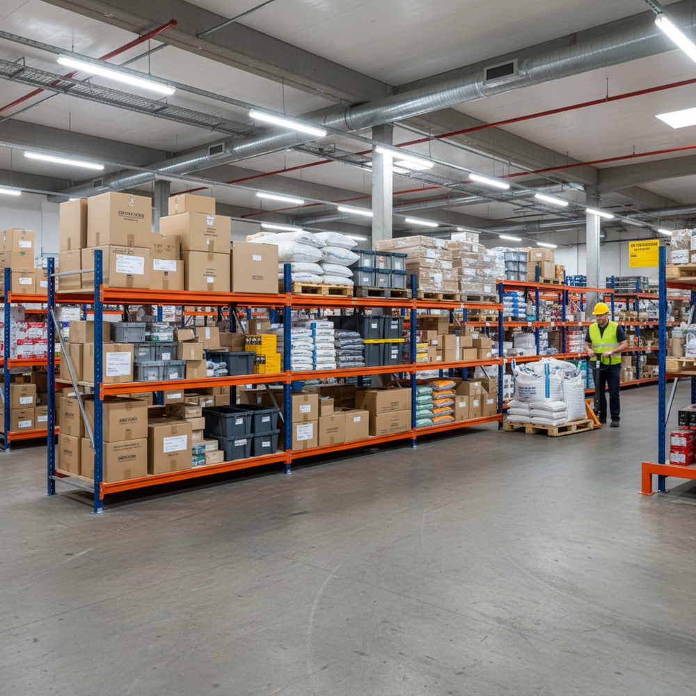 3x Heavy Duty Longspan Shelving - 2500mm High - Blue & Orange - Side view