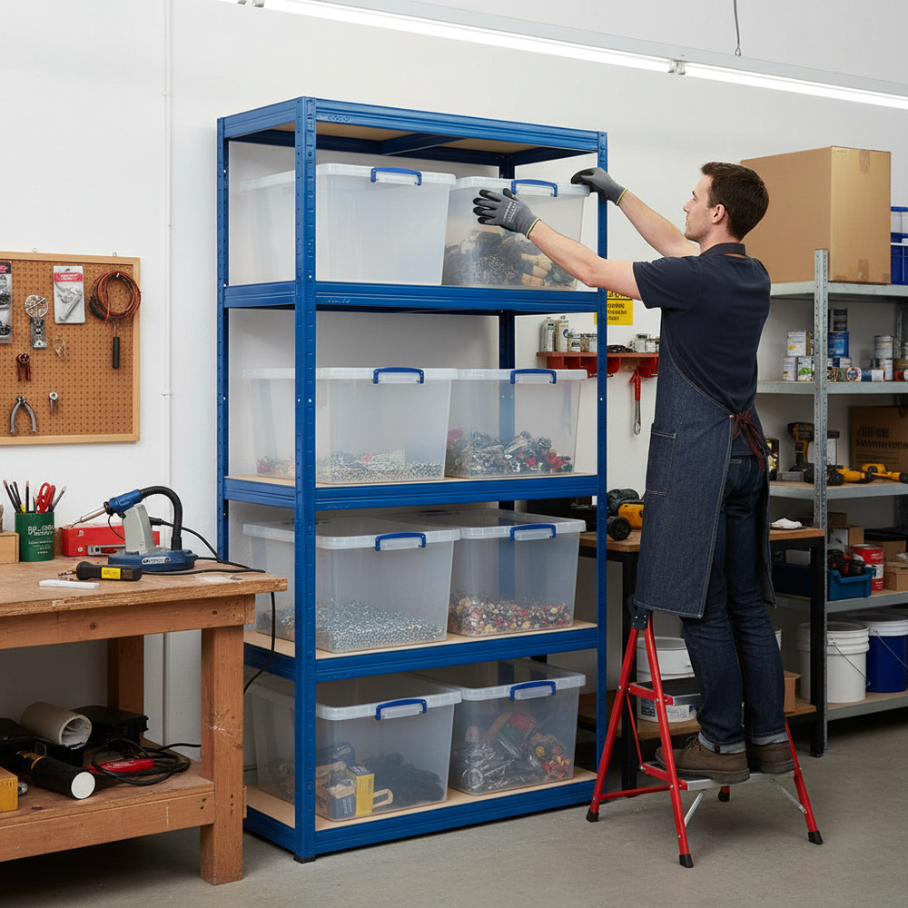 Premium Shelving Unit - 2130mm High - Blue with 8x 33.5L Storage Boxes - Side view