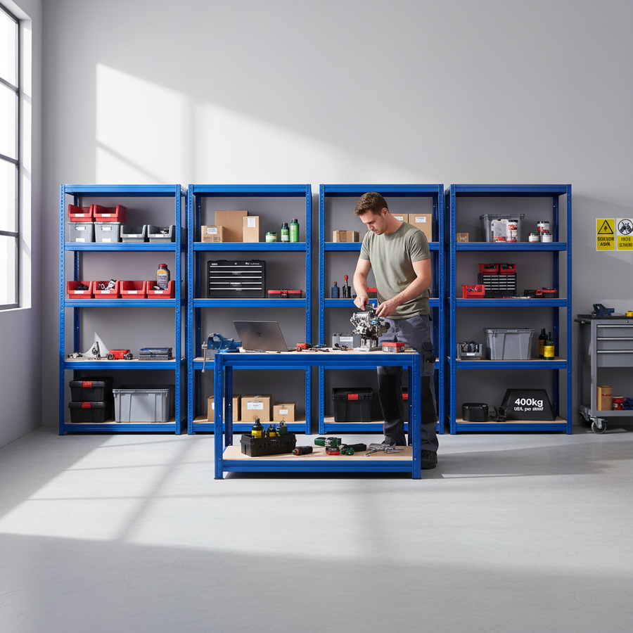 4x Premium Shelving Units - 1800mm High & 1x Professional Workbench - 1600mm Wide - Blue - Front view