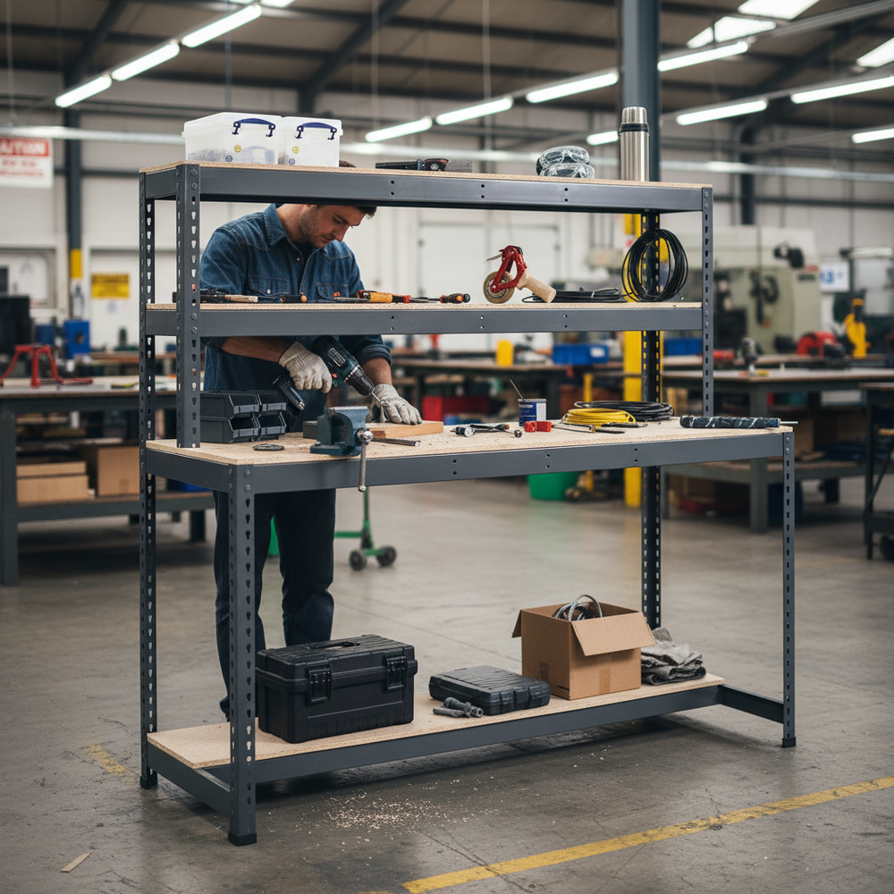 Heavy Duty Workstation - 1670mm High - 500kg Capacity - Chipboard - Grey - Side view