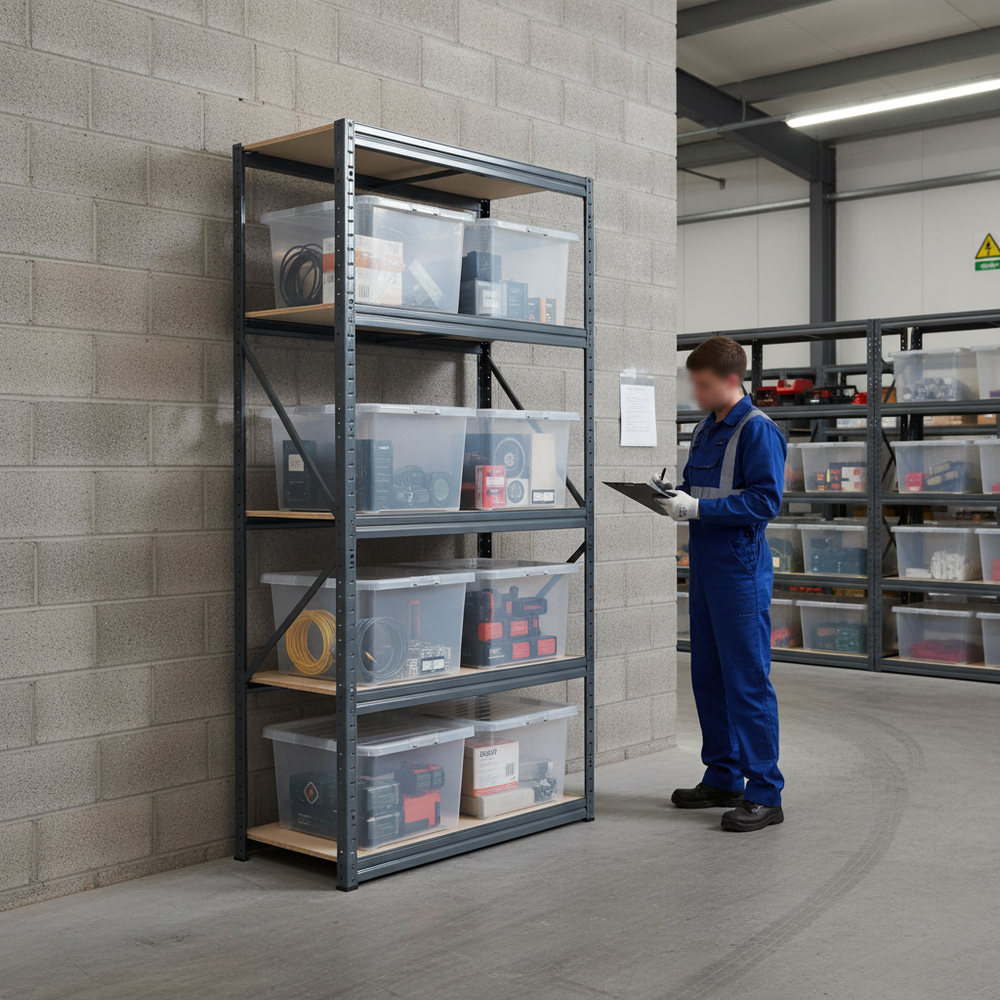 Premium Shelving Unit - 2130mm High - Grey with 8x 60L Plastic Storage Boxes - Side view