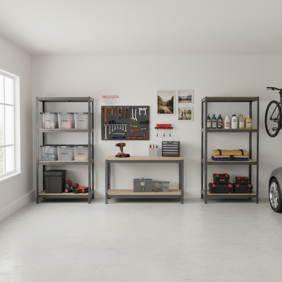 4 Heavy Duty Shelving Units and 1 Workbench - 1600mm High & Wide - Grey - Front view