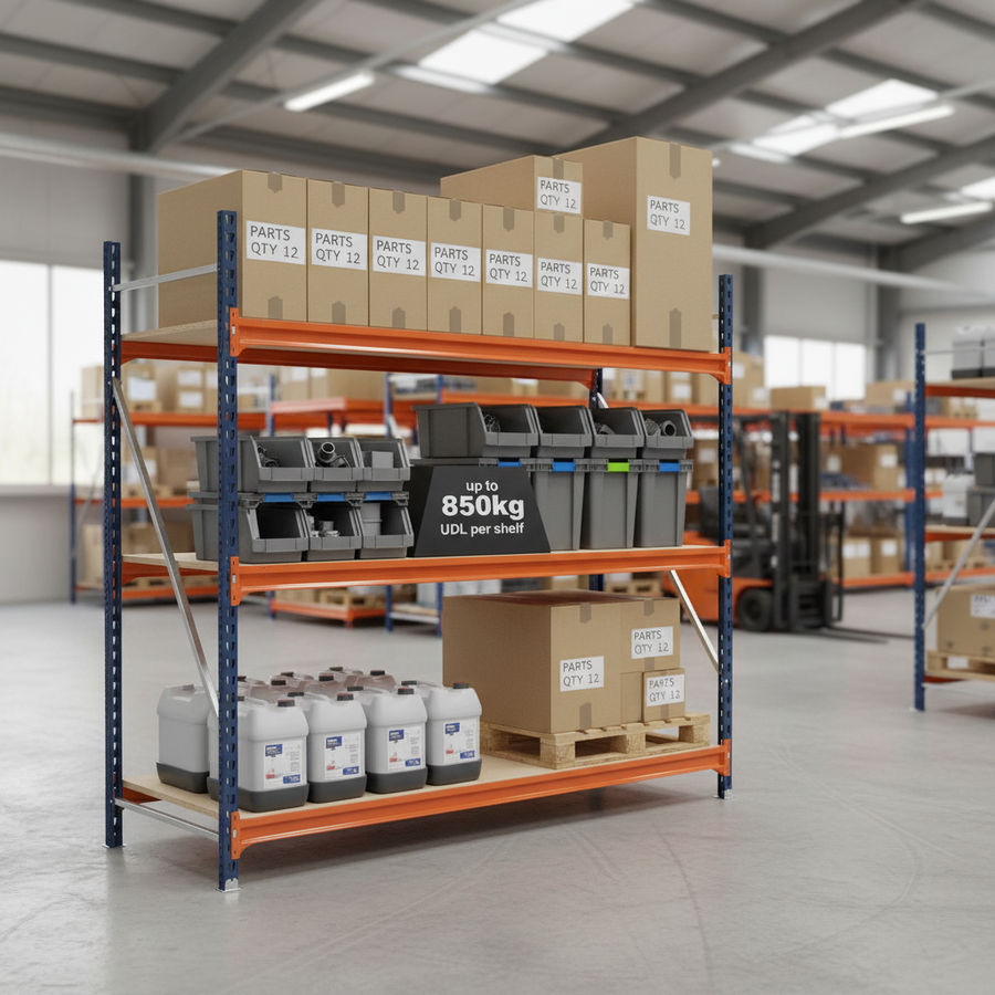 Premium Heavy Duty Longspan Shelving Extension Kit - 2500mm High - Blue & Orange - Front view