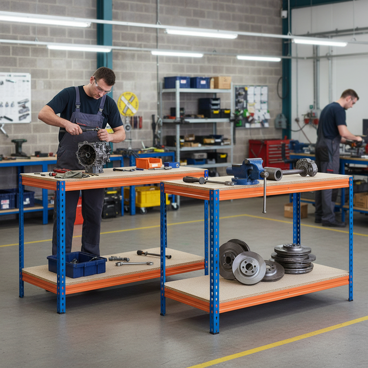 Premium Heavy Duty Workbenches - 915mm High - 400kg Capacity - Chipboard - Blue/Orange - Side view