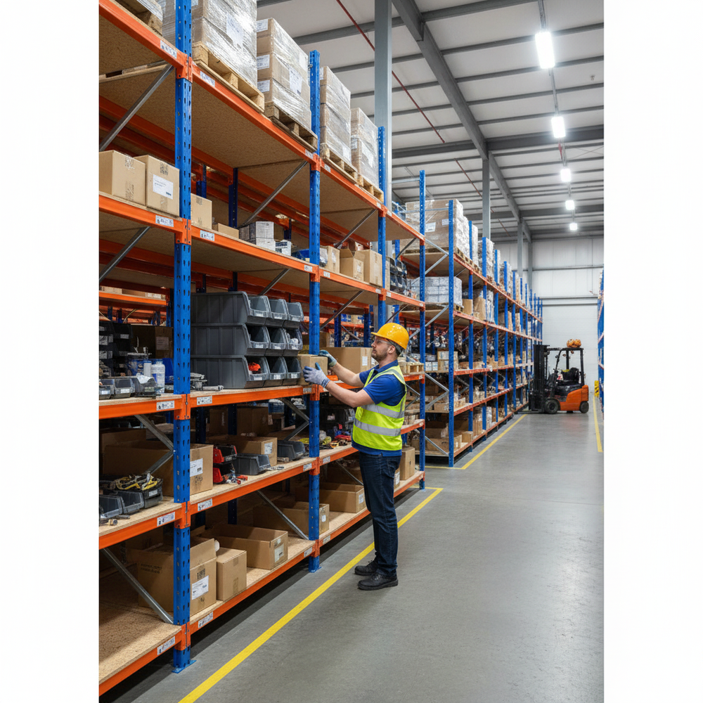 Additional Heavy Duty Chipboard Shelf - Blue & Orange - Side view