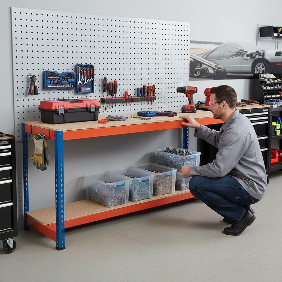 Premium Workbench with Lower Half Shelf - 915mm Height - 400kg Capacity - Chipboard - Blue/Orange - Front view