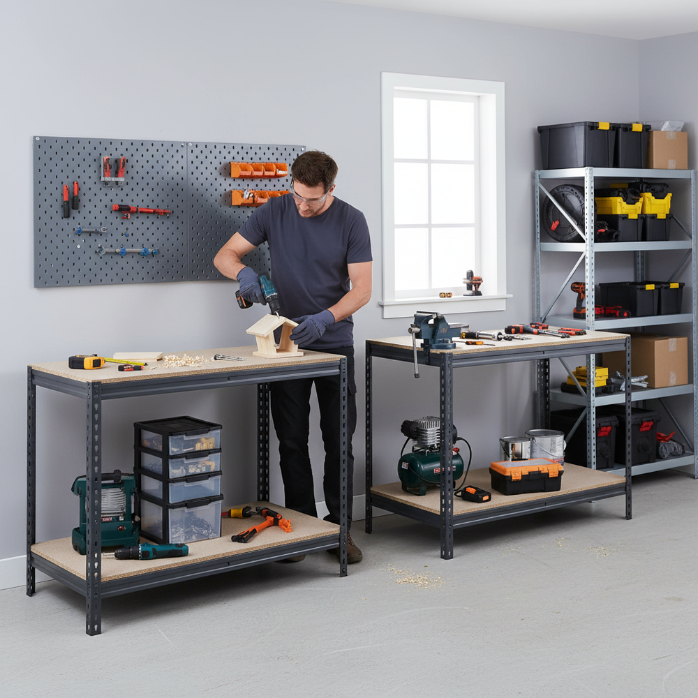 Premium Heavy Duty Workbenches - 915mm High - 400kg Capacity - Chipboard - Grey - Side view