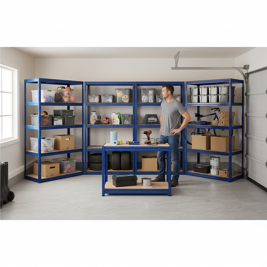 4 Heavy Duty Shelving Units - 1800mm High & 1 Workbench - 1200mm Wide - Blue - Front view
