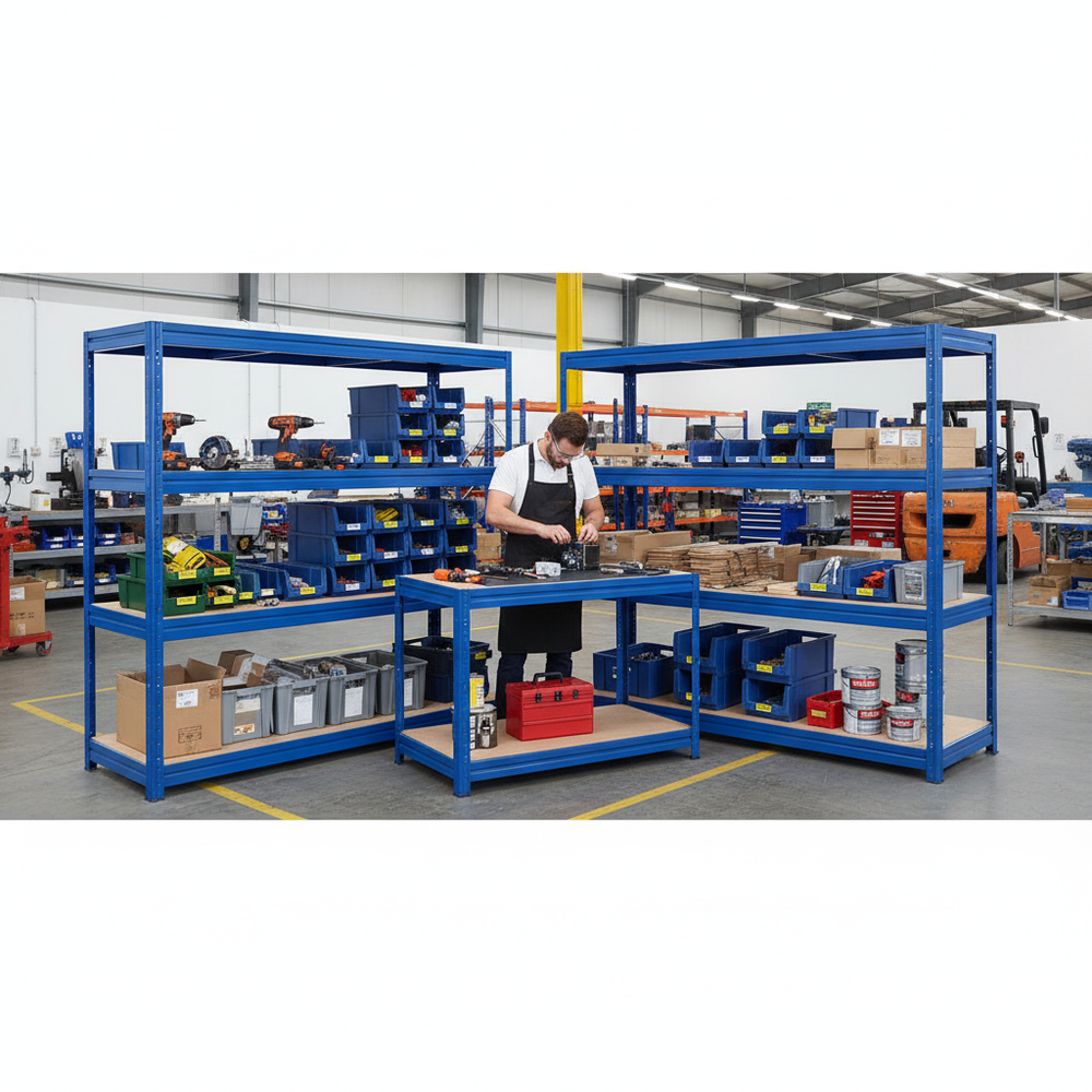 Premium Heavy Duty Industrial Shelving and Workbench Set - 1770mm High & 1200mm Wide - Side view