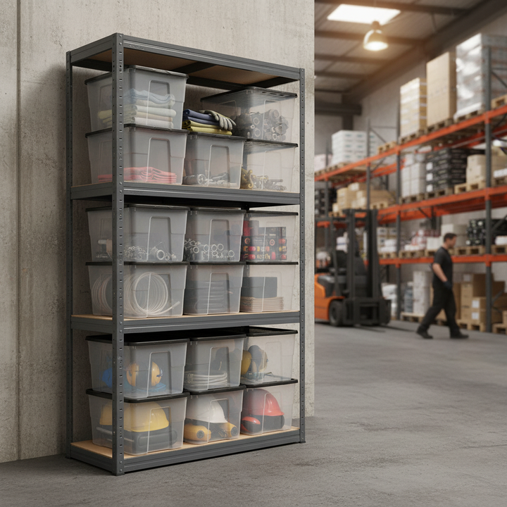 Premium Shelving Unit - 1600mm High - Grey with 12x 24L Plastic Storage Boxes - Side view