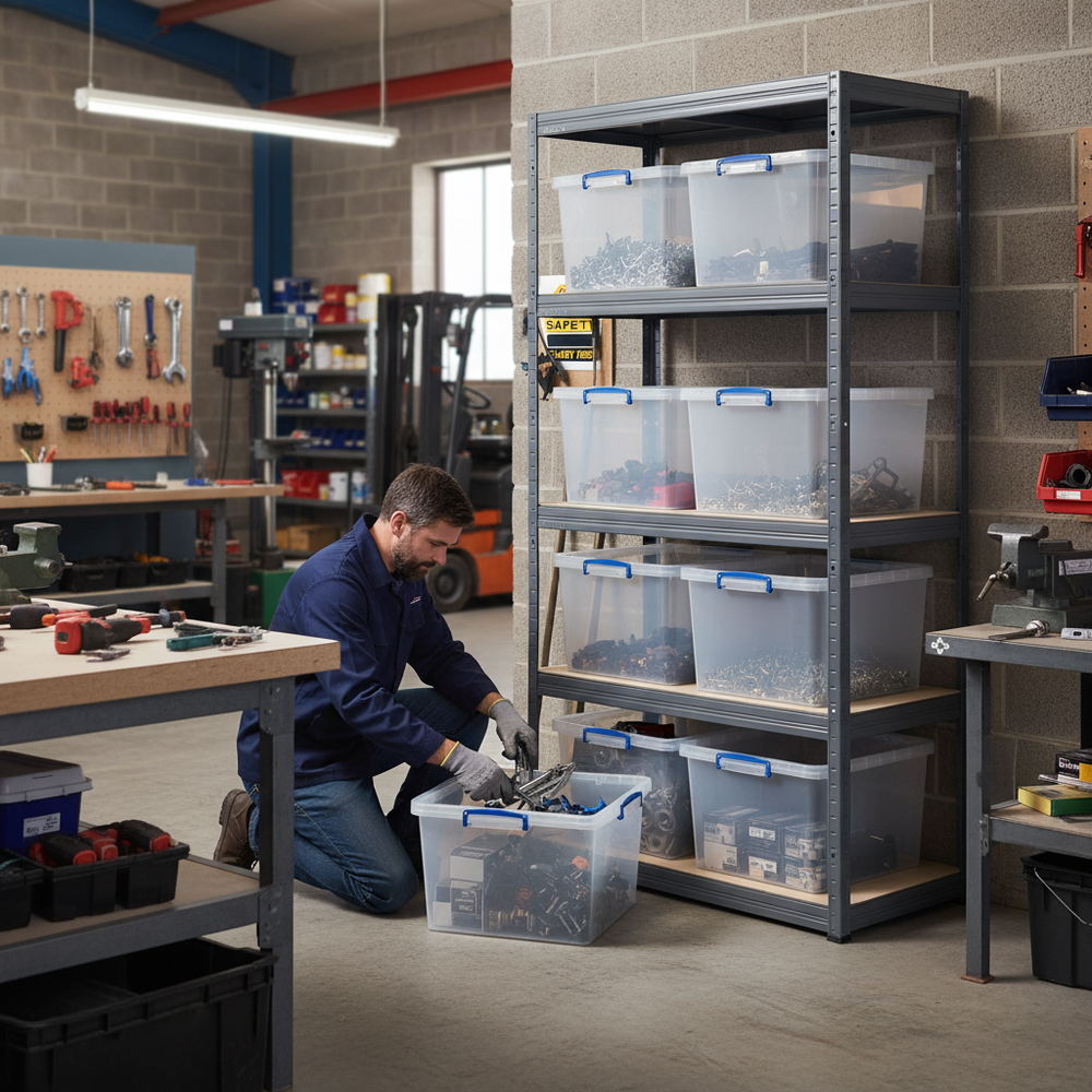 Premium Shelving Unit - 2130mm High - Grey with 8x 33.5L Storage Boxes - Side view