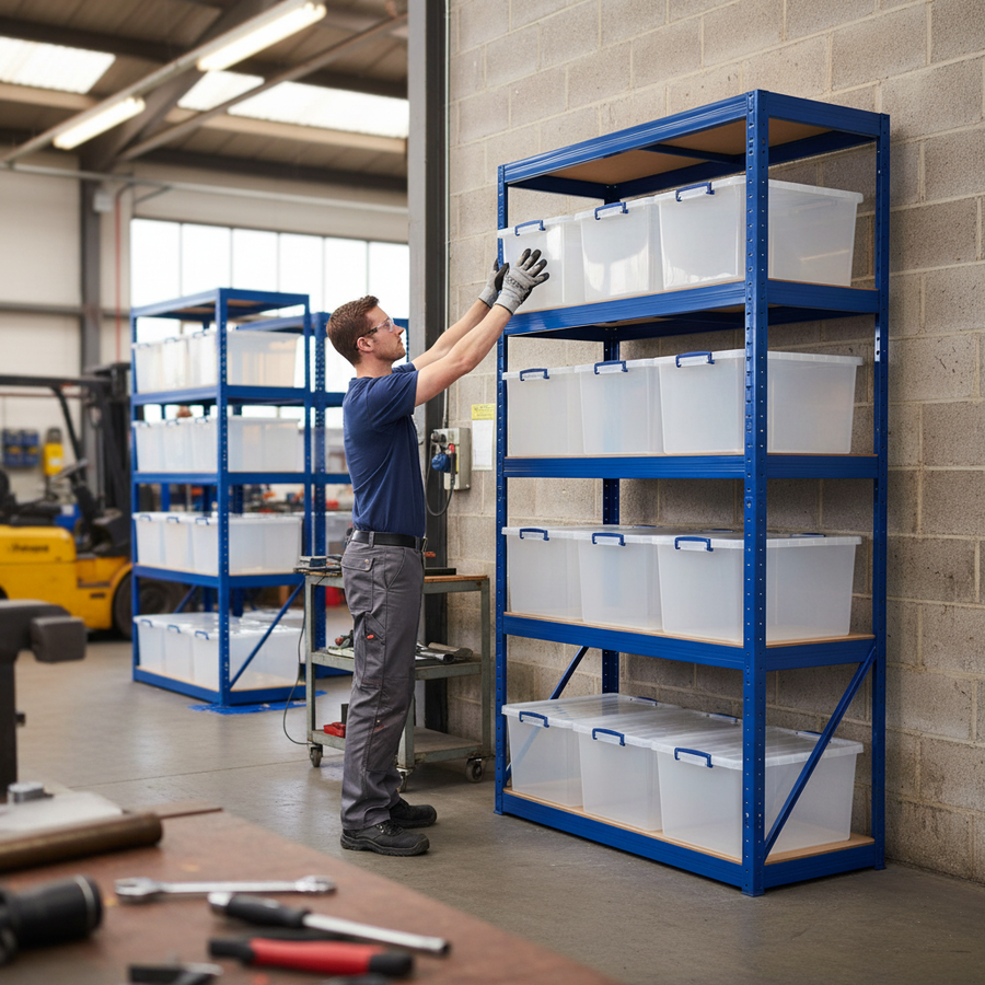 Premium Shelving Unit with 12x 33.5L Storage Boxes - 2130mm High - Front view