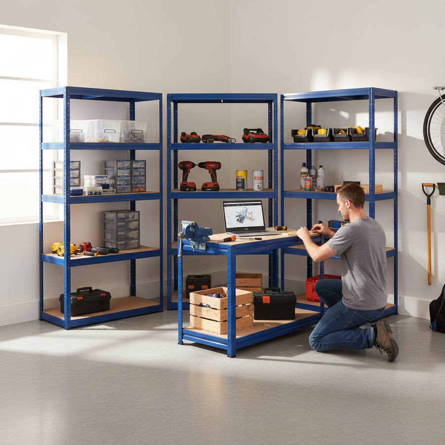 3x Premium Shelving Units - 1800mm High & 1x Professional Workbench - 1200mm Wide - Blue - Front view