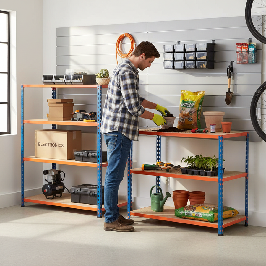 Heavy Duty Workbenches - 990mm High - 200kg Capacity - Chipboard - Blue/Orange - Front view