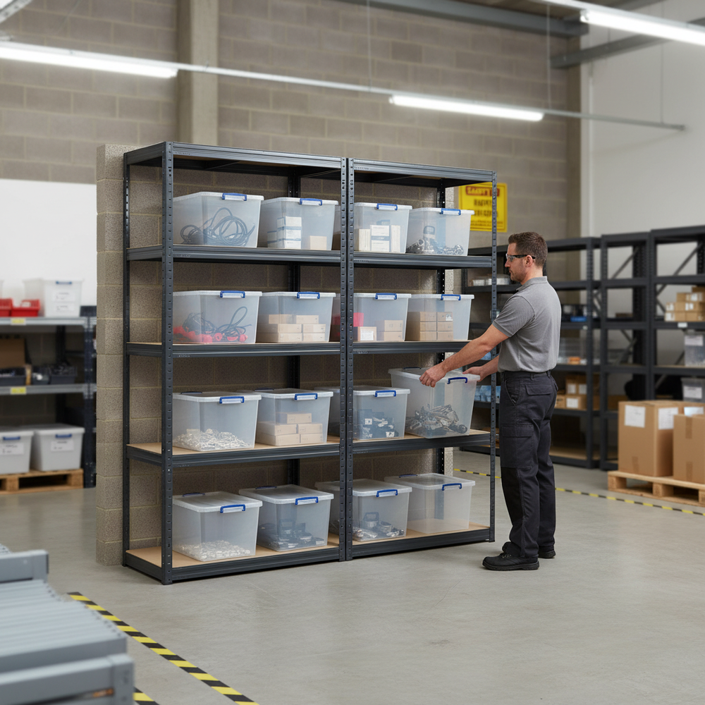 Premium Shelving Units with 12x 33.5L Storage Boxes - 1800mm High - Grey - Side view