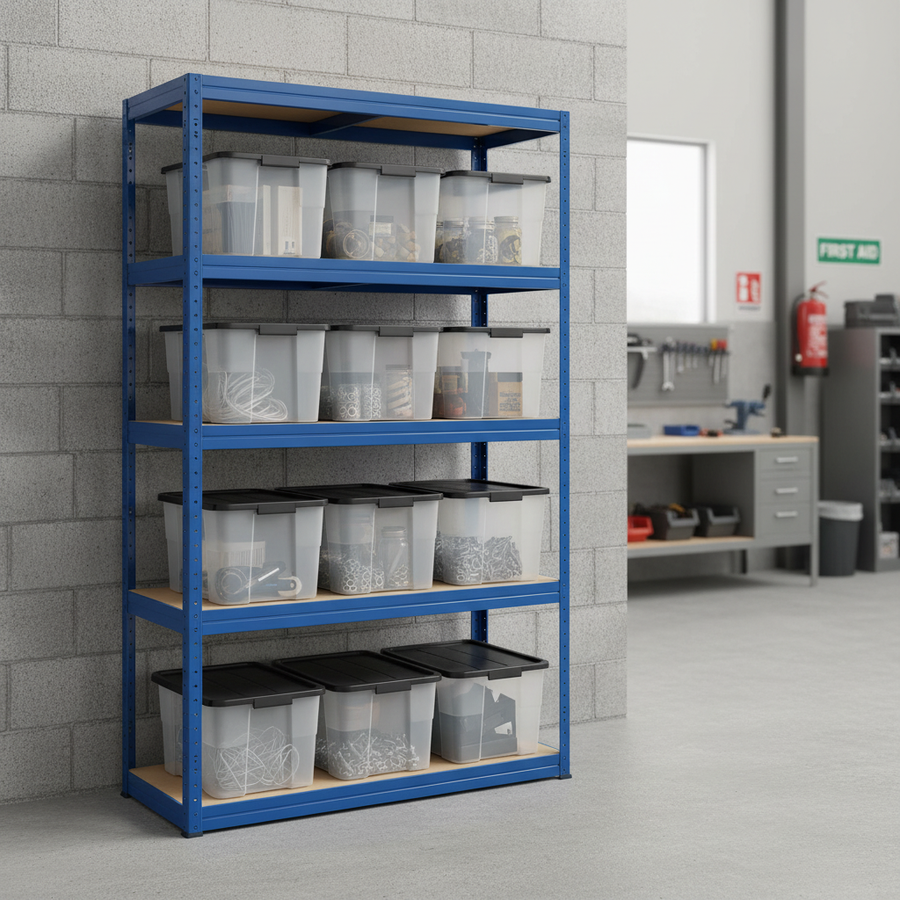 Premium Shelving Unit - 1800mm High with 12x 24L Plastic Storage Boxes - Front view