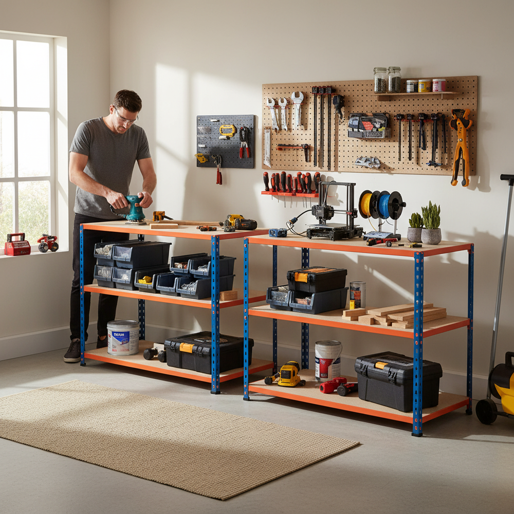 Premium Workbenches - 915mm High - 200kg Capacity - Chipboard - Blue/Orange - Side view