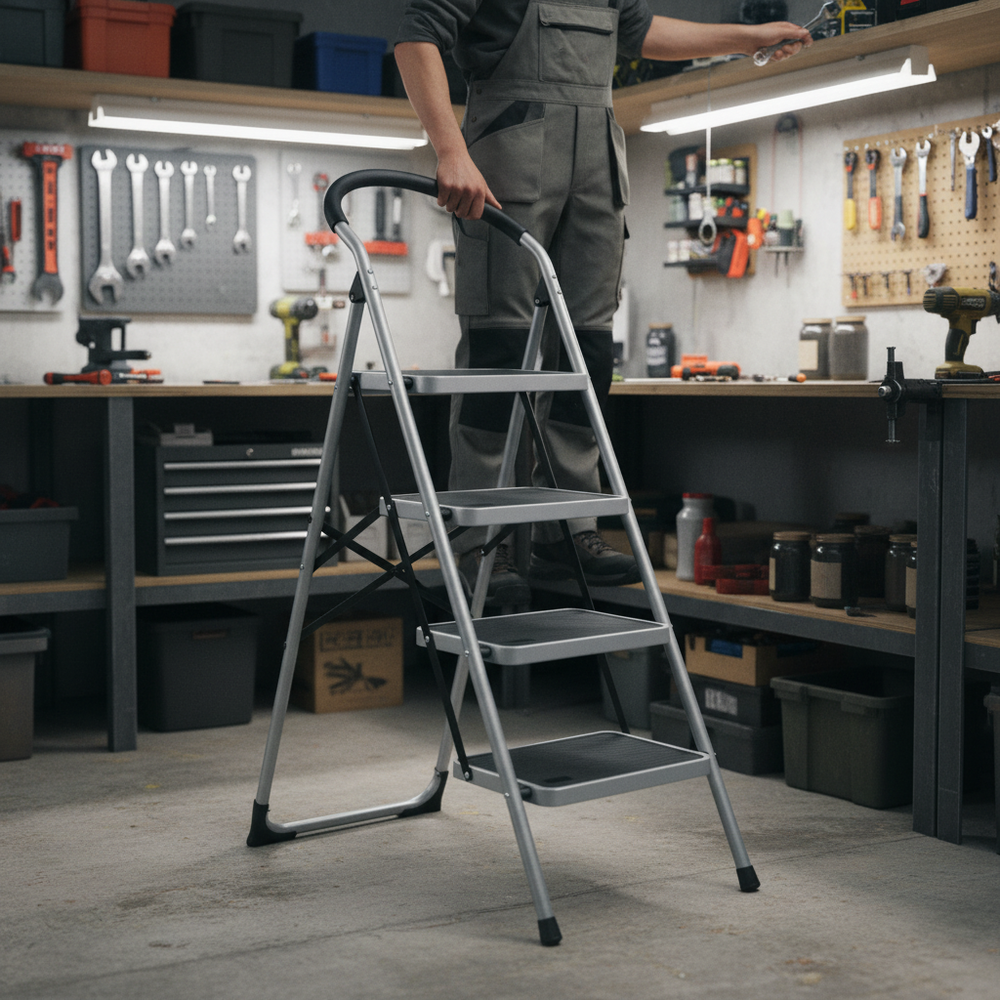 Heavy Duty Folding Step Ladder - 4 Tread for Safe Access - Side view