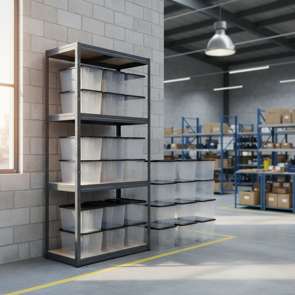 Premium Shelving Unit - 1600mm High - Grey with 12x 24L Plastic Storage Boxes - Front view