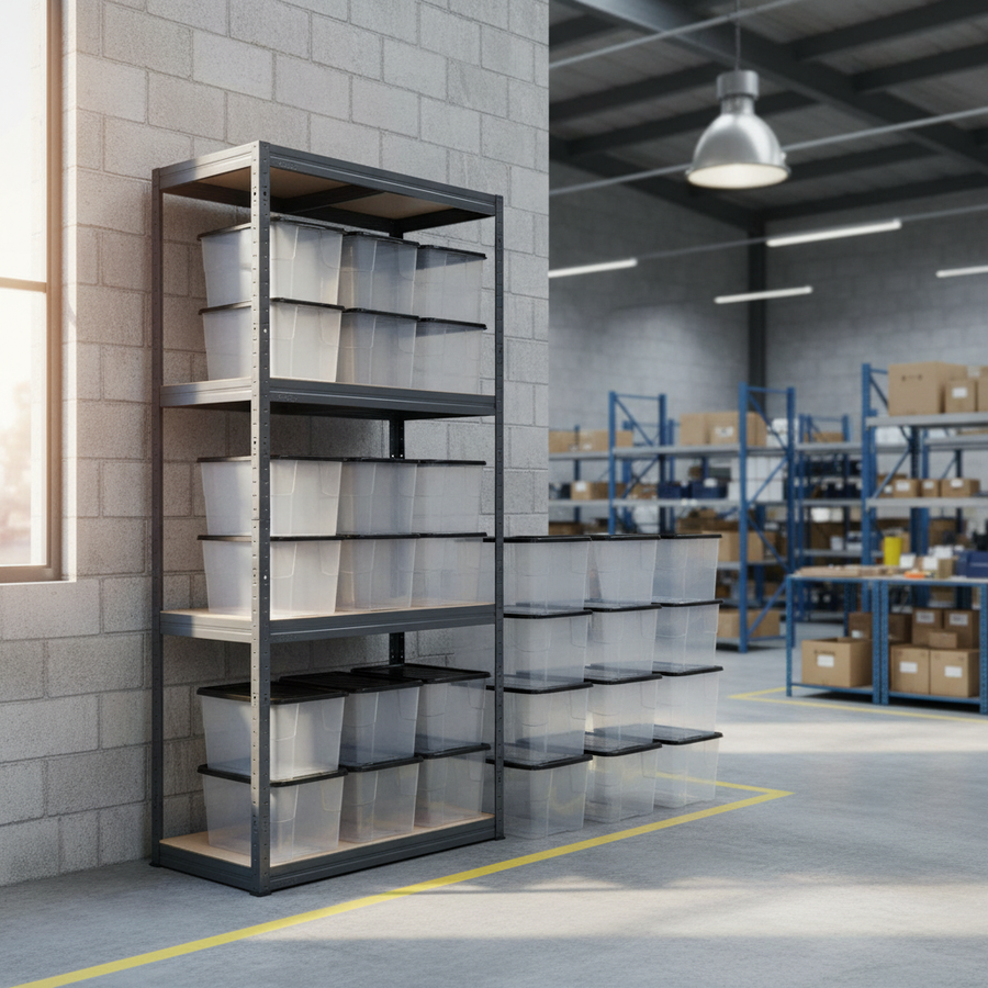 Premium Shelving Unit - 1600mm High - Grey with 12x 24L Plastic Storage Boxes - Front view