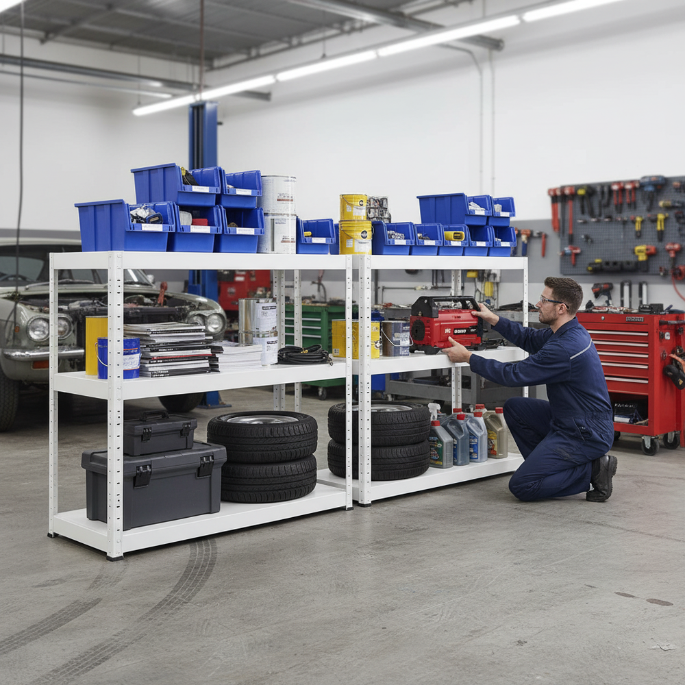 Premium Half Height Metal Shelving Unit - 900mm High - 90/130kg - White - Side view