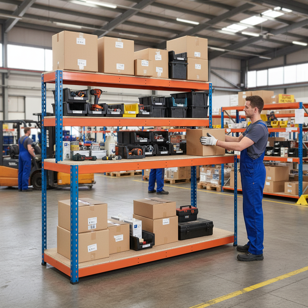 Heavy Duty Workstation - 1677mm High - 400kg Capacity - Chipboard - Blue & Orange - Side view