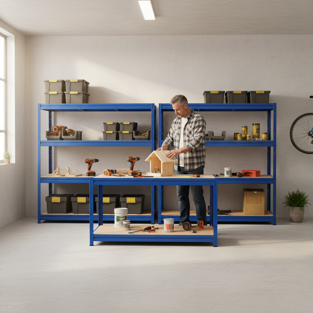 Premium Heavy Duty Industrial Shelving & Workbench Set - 1770mm High & 1600mm Wide - Side view