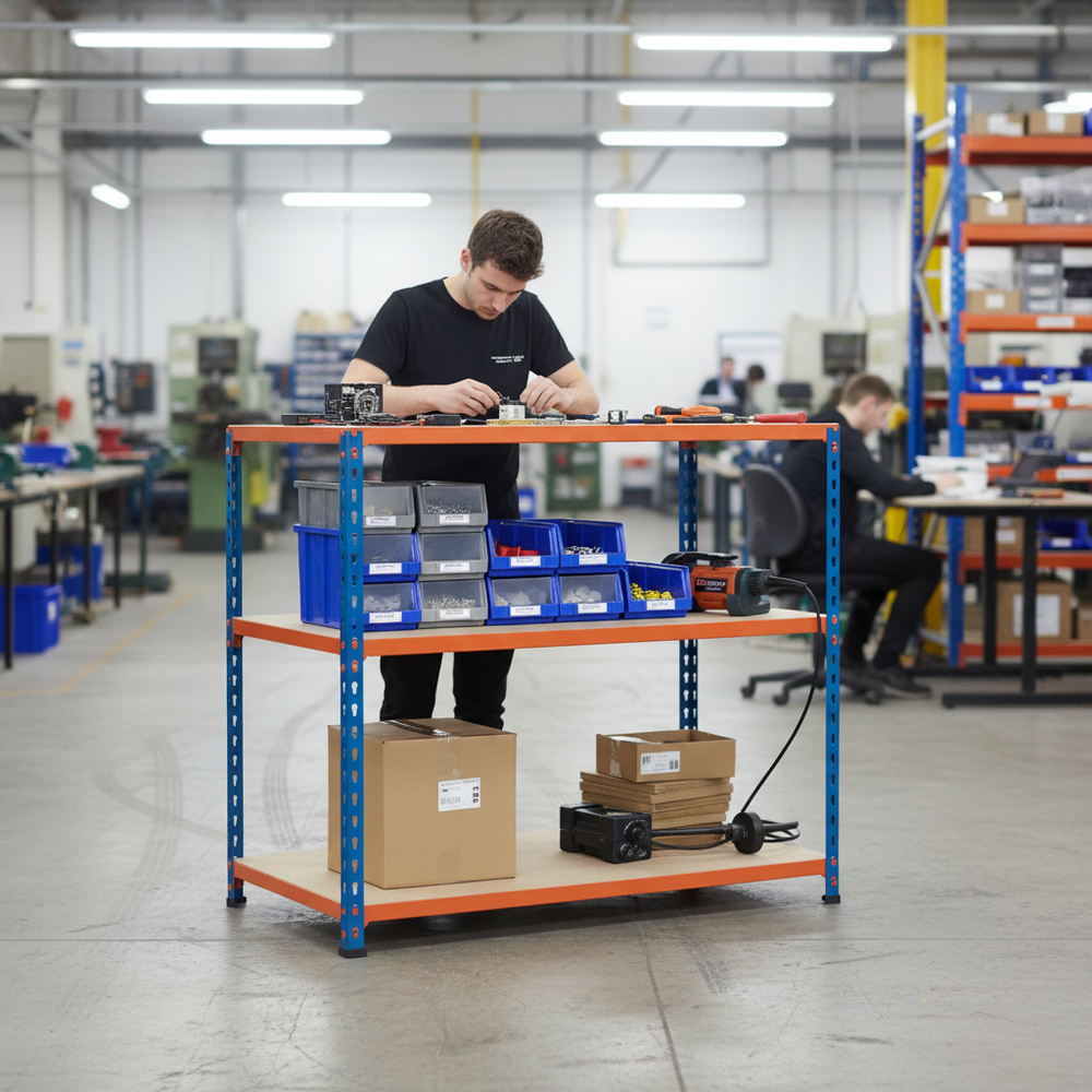 Heavy Duty Workbench - 990mm High - 200kg Capacity - Chipboard Shelving - Side view