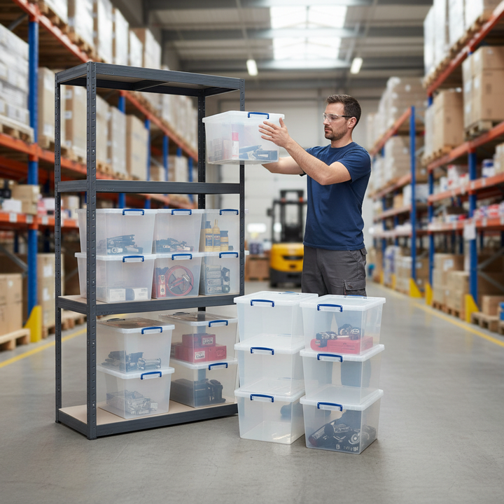 Premium Shelving Unit - 1600mm High with 12x 33.5L Storage Boxes - Side view