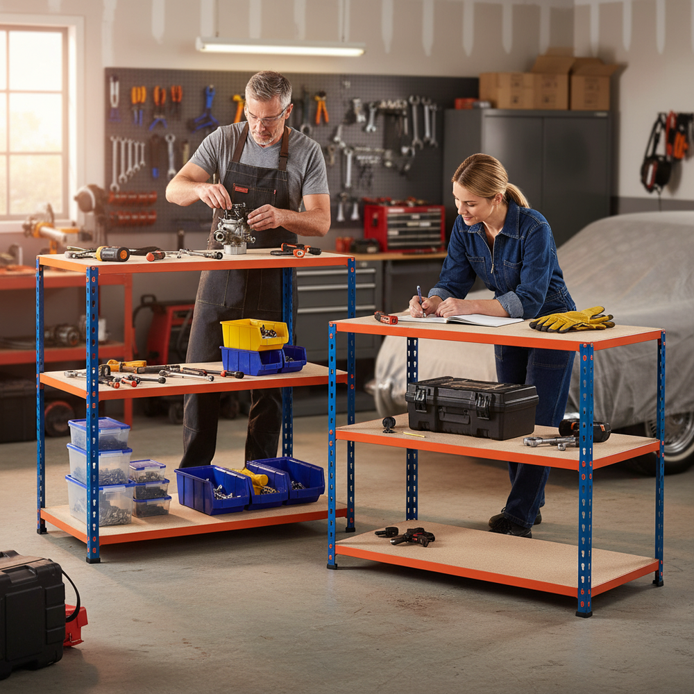Heavy Duty Workbenches - 990mm High - 200kg Capacity - Chipboard - Blue/Orange - Side view