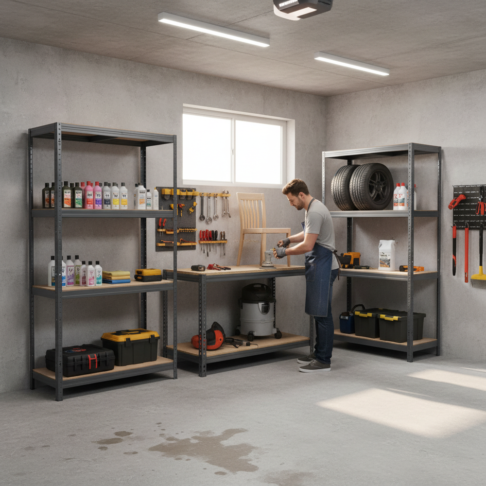 Premium 2x Shelving Units & 1x Heavy Duty Workbench - 1600mm High & Wide - Grey - Side view