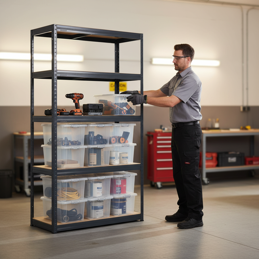 Premium Shelving Unit with 12 Heavy Duty Plastic Storage Boxes - 2130mm High - Front view