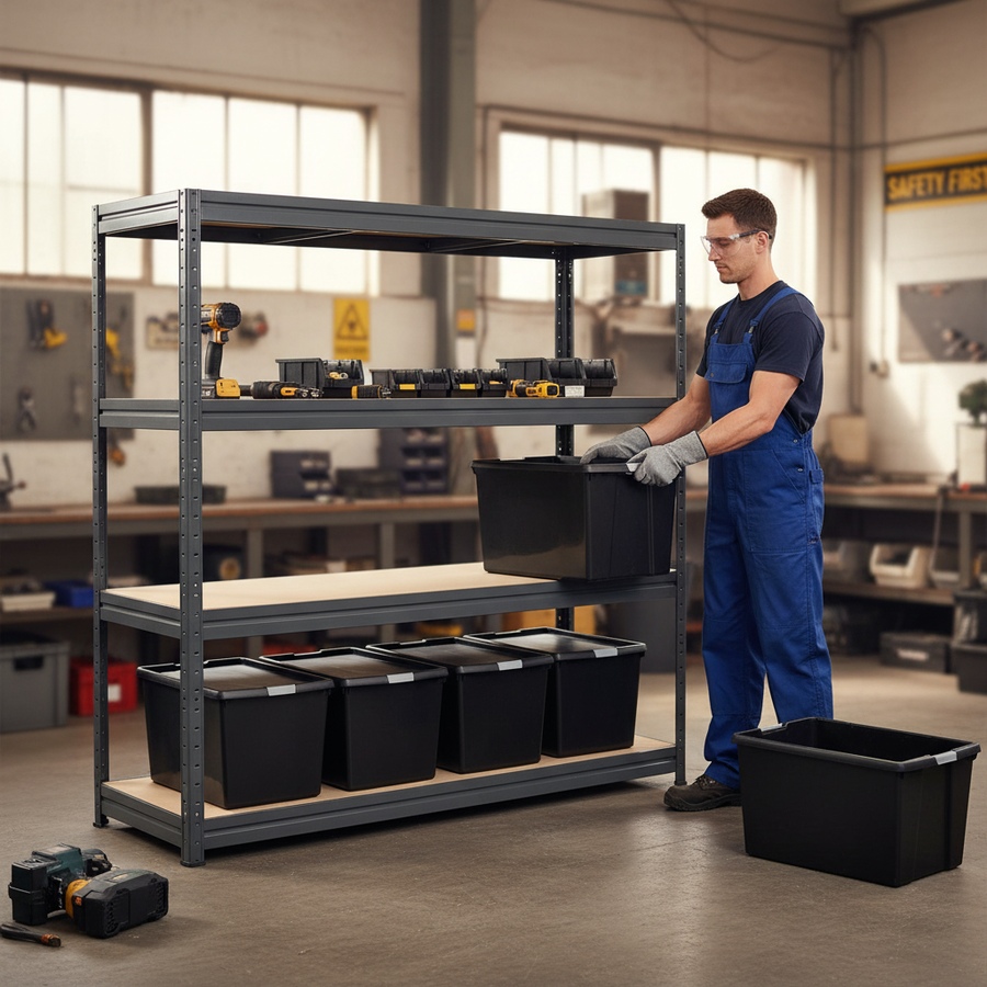 Premium Heavy Duty Shelving with 8x 62L Plastic Storage Boxes - 1770mm High - Front view