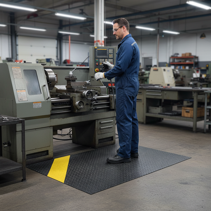Heavy Duty Anti-Fatigue Mat with Checker Plate Design - Yellow Edges - Side view