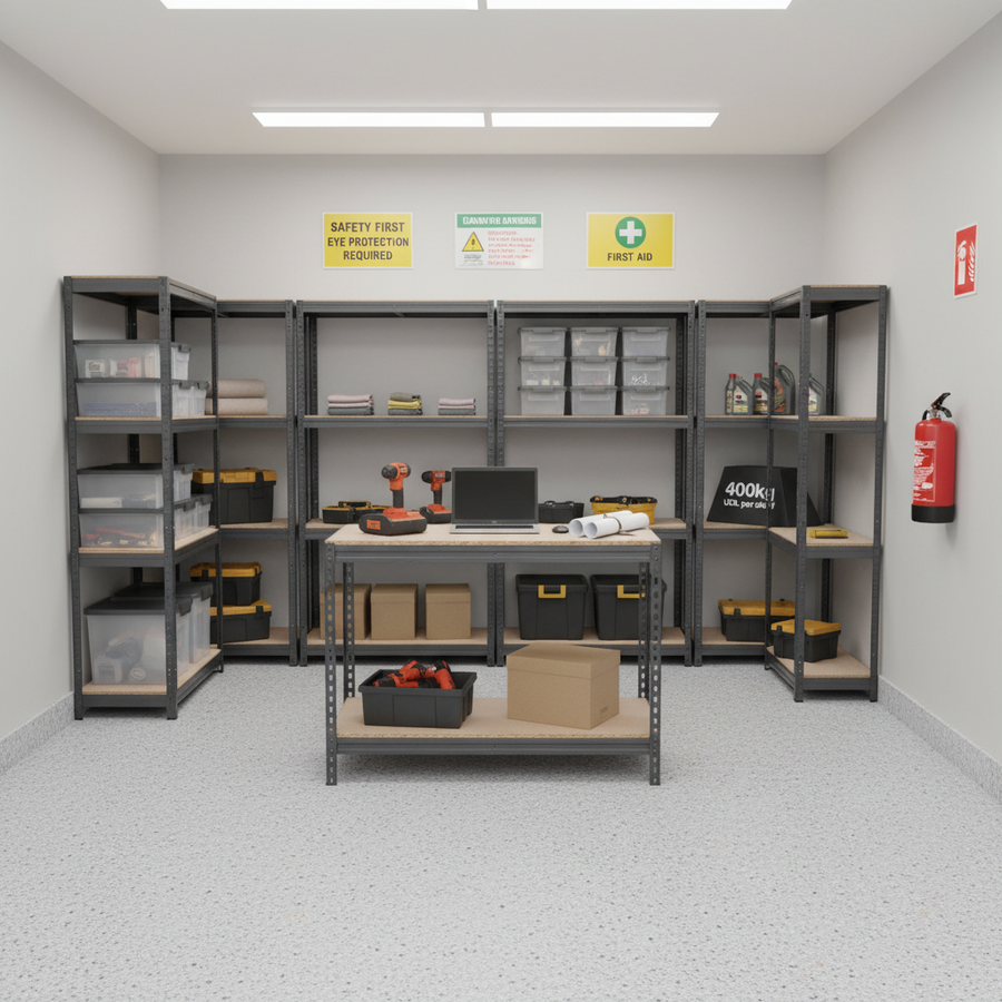 4 Heavy Duty Shelving Units - 1600mm High & 1 Workbench - 1200mm Wide - Grey - Front view