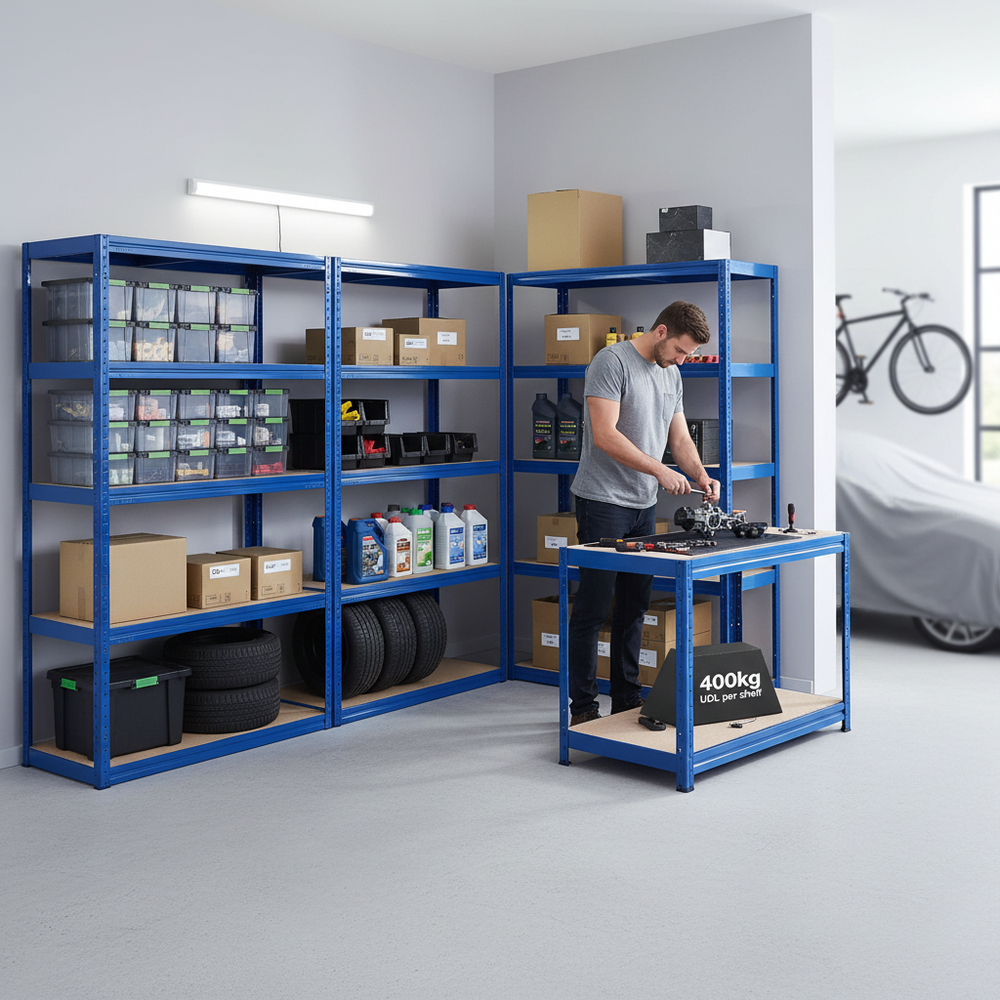 4 Heavy Duty Shelving Units - 1800mm High & 1 Workbench - 1200mm Wide - Blue - Side view